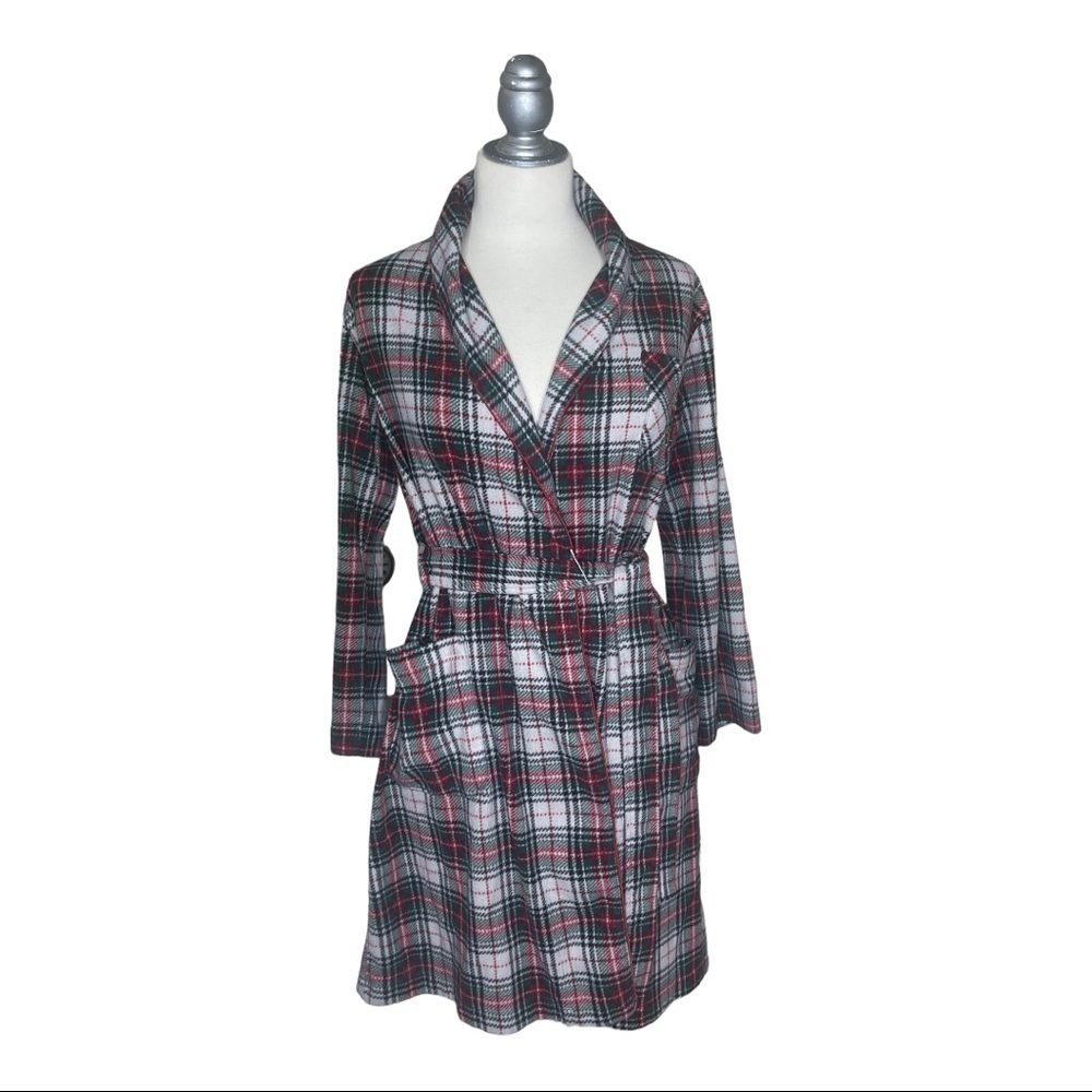 Lauren Ralph Lauren Green Label Satin Piping Plaid Insignia Crest Robe S